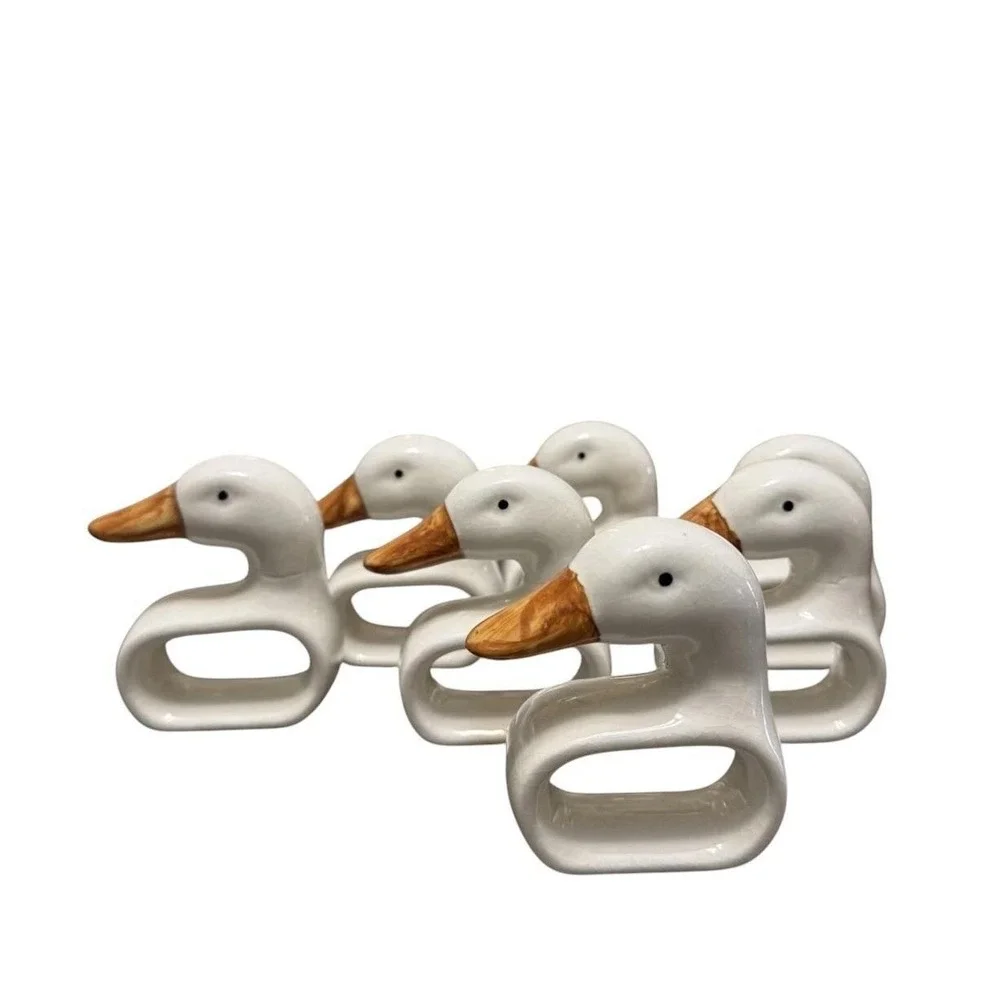 Vintage White Goose Duck Swan Napkin Rings Set of 7 Retro Mid Century Farmhouse